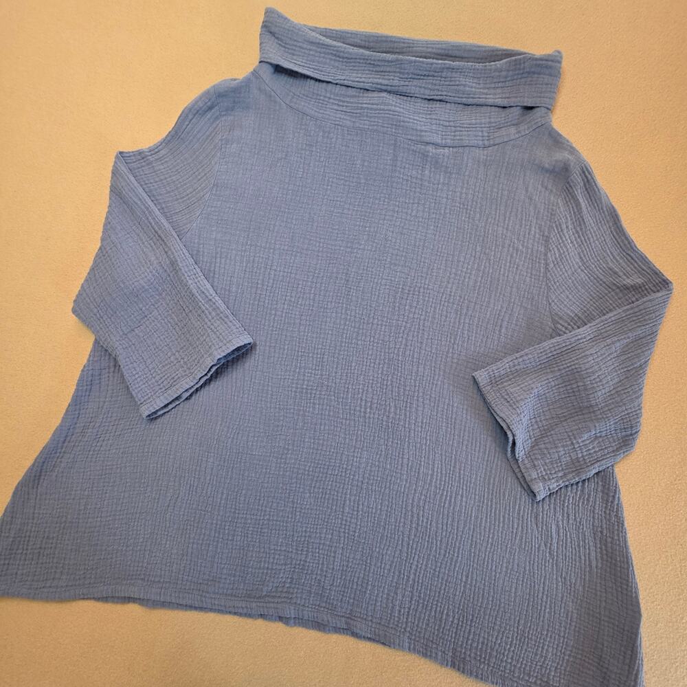 Bryn Walker Etta Cotton Gauze Cowl Neck Top Blue Sz XL 3/4-Sleeve Made In USA